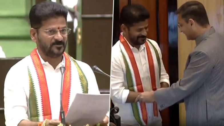 Telangana's Newly Appointed Chief Miniter Revanth Reddy Takes Oath as MLA; Submits Ministers' Portfolios to Governor (Watch Videos)