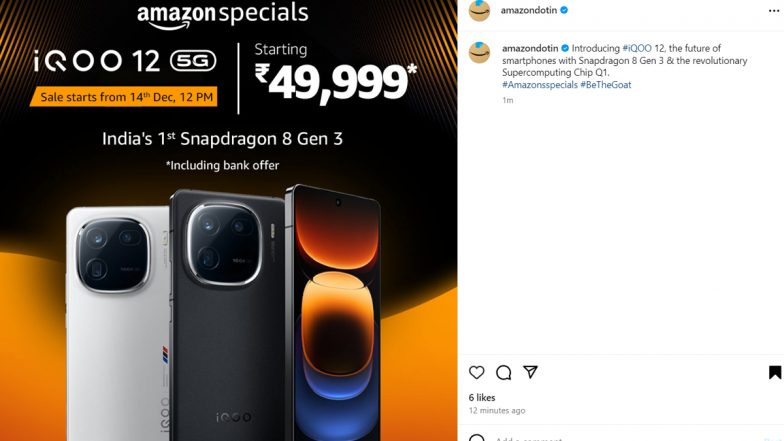 iQOO 12 5G Price Leaked Ahead of Launch? Amazon 'Reveals' Price and Sale Date for New iQOO Smartphone on Instagram, Deletes Post Later