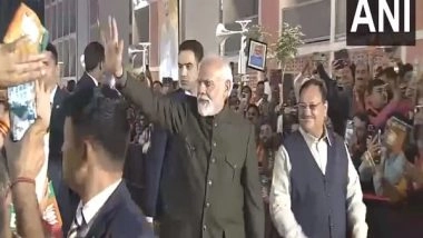 India News | PM Modi Arrives at Party Headquarters After BJP Secures Win in Rajasthan, is Leading in MP and Chhattisgarh