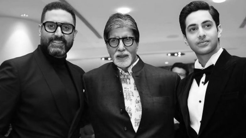 The Archies Screening: Agastya Nanda Strikes a Happy Pose With Amitabh Bachchan and Abhishek Bachchan at the Film’s Grand Premiere (See Viral Pic)