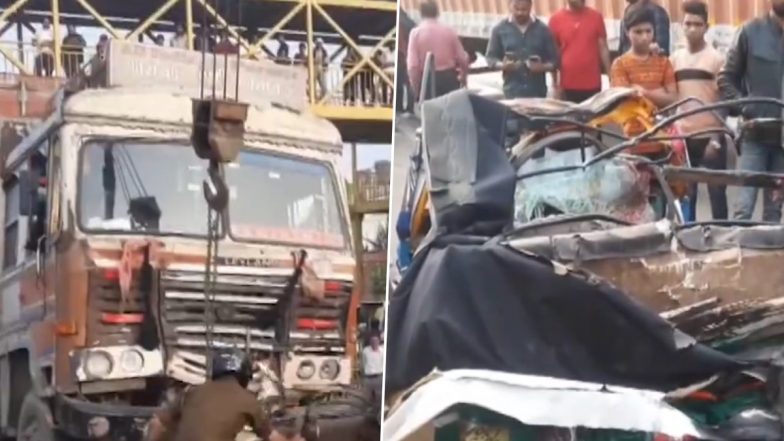 Uttar Pradesh Road Accident Video: Five People Killed After Truck Collides With Autorickshaw on Highway in Agra, Disturbing Clip Surfaces