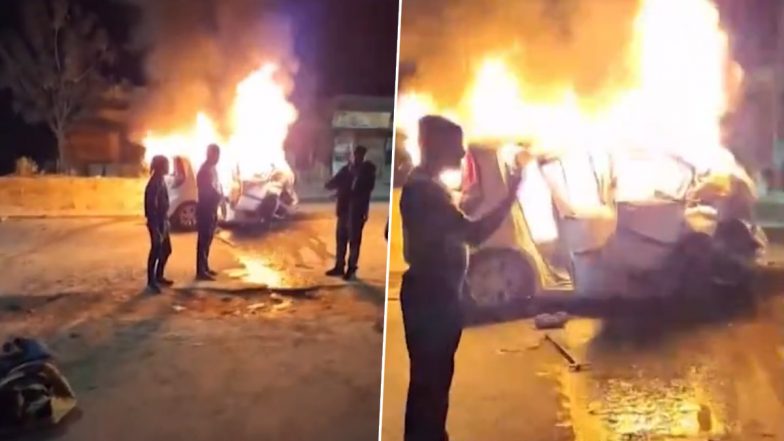 Rajasthan Road Accident: Three Killed After Car Hits Divider and Catches Fire in Ajmer (Watch Video)