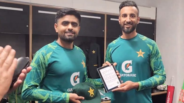 AUS vs PAK: Shan Masood Presents Special Souvenir and Cap to Babar Azam on his 50th Test Match (Watch Video)