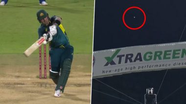 Massive! Ben McDermott Hits Ball Out of the Stadium for Six During IND vs AUS 5th T20I 2023, Video Goes Viral!