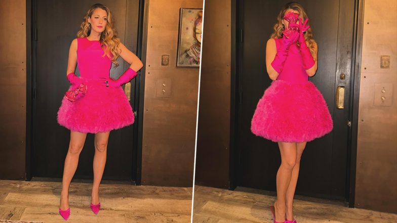 Blake Lively Spells Glamour in a Sleeveless Fuschia Minidress Paired With Matching Gloves, Heeled Mules and Statement Jewels (View Pics)