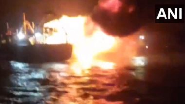 Tamil Nadu Fire: Massive Blaze Erupts in Fishing Boat Anchored at Rameswaram’s Pamban, No Casualty Reported (Watch Video)