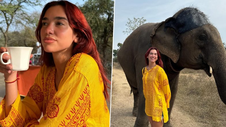 Dua Lipa Is Grateful As She Ends Her 2023 in India; Singer Sips Tea, Poses With Elephant in Short Yellow Kurta (View Pics)