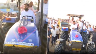 Maharashtra CM Eknath Shinde Drives Tractor While Participating in Cleanliness Drive at Juhu Beach in Mumbai (Watch Video)