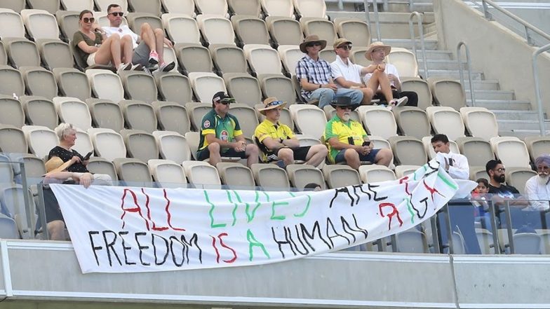 Fans Removed From Perth Stadium After Displaying ‘Pro-Palestine’ Banner With Message Similar to Usman Khawaja’s Shoes During AUS vs PAK 1st Test