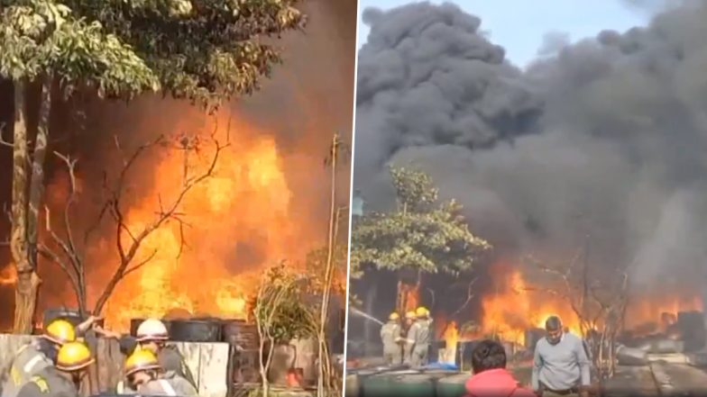 Uttar Pradesh Fire Video: Massive Blaze Erupts at Chemical Factory in Ghaziabad Industrial Area, Firefighting Operation Underway