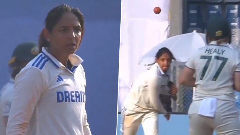 Harmanpreet Kaur Appeals for ‘Obstructing the Field’ Dismissal After Alyssa Healy Tries to Block Her Return Throw With Bat During IND-W vs AUS-W Test Match, Video Goes Viral