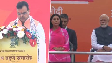 Bhajanlal Sharma Swearing-In Ceremony: BJP Leader Sworn In As Rajasthan CM, Diya Kumari and Prem Chand Bairwa As Deputy CMs (Watch Videos)