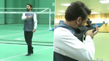 Anurag Thakur Inaugurates New Hostel at Netaji Subhas Southern Centre in Bengaluru, Plays Badminton and Tries His Hand at Shooting (Watch Video)