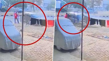 Horrific Accident Caught on Camera in UP: Car Sliding Sideways Slams Into Man Standing on Footpath in Firozabad, Disturbing Video Surfaces