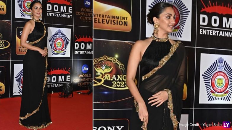 Kiara Advani Radiates Elegance in Sensational Black Sequin Border Saree with Velvet Halter Neck Blouse! (Watch Video)