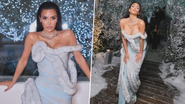 Kim Kardashian's Frosty White and Blue Off-Shoulder Dress Screams Holiday Style and Spirit (View Pics)