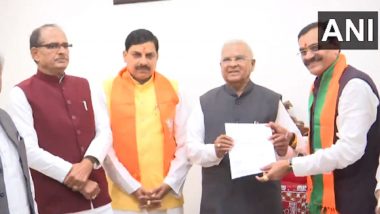 Madhya Pradesh CM-Designate Mohan Yadav Meets Governor Mangubhai C Patel at Raj Bhavan in Bhopal; Stakes Claim To Form Government (Watch Video)