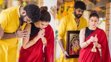 Nayanthara and Vignesh Shivan Decked Up in Red Saree and Yellow Kurta as They Perform Puja, See Pictures