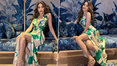 Nikki Tamboli Flaunts Her Sexy Legs in White and Green Floral Thigh-Slit Gown With Low Neckline (View Pics)