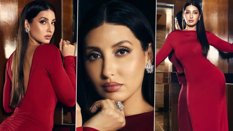 Nora Fatehi Radiates Glamour in Stunning Ruby Red Maxi Dress ...