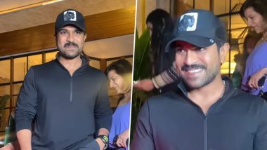 Ram Charan in Mumbai! Game Changer Actor Flaunts His Million-Dollar Smile While Posing With Female Fans for Pictures (Watch Video)