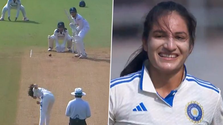 IND-W vs ENG-W Test 2023: Renuka Singh Thakur Cleans Up Sophia Dunkley With a Superb Delivery to Take Her First Test Wicket (Watch Video)