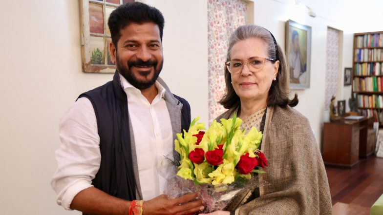 Telangana CM-Designate Revanth Reddy Meets Congress Leaders Sonia Gandhi, Rahul Gandhi and Priyanka Gandhi Ahead of Swearing-In Ceremony (See Pics)