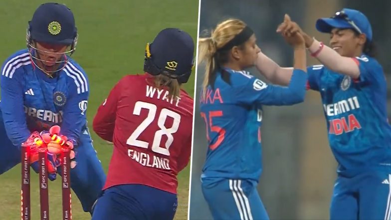 Saika Ishaque Picks Up Her Maiden International Wicket, Dismisses Danielle Wyatt to Achieve Feat During IND-W vs ENG-W 1st T20I 2023 (Watch Video)