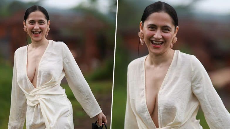 Sanjeeda Shaikh Looks Smoking Hot in Off-White Crepe Low Neckline Dress, See Her Stunning Pictures