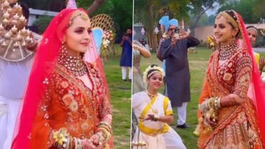 Inside Shrenu Parikh and Akshay Mhatre Wedding: Actress in Embellished Red-Orange Lehenga Makes Stunning Bridal Entry (Watch Video)