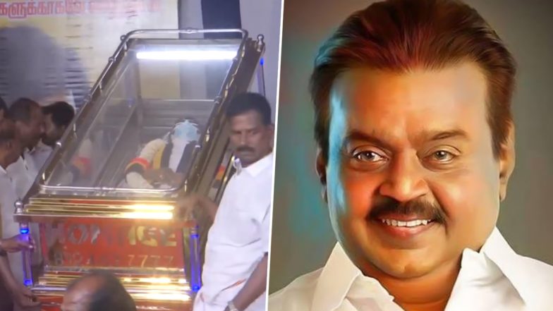 Vijayakanth Funeral Update: Actor–Politician’s Mortal Remains Brought to Island Ground for Public Homage (Watch Video)