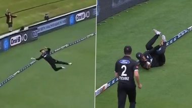 What a Catch! Will Young Takes One-Handed Stunner Near Boundary To Dismiss Shoriful Islam During NZ vs BAN 1st ODI 2023 (Watch Video)