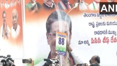 Telangana Election 2023 Results: Congress Workers Pour Milk on Poster of Sonia Gandhi, Rahul Gandhi and Revanth Reddy As Party Heads Toward Victory (Watch Video)