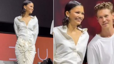 Just Zendaya Wearing a Schiaparelli Scorpio Ruched Skirt, Perfectly Paired with a Crisp White Shirt (Watch Video)