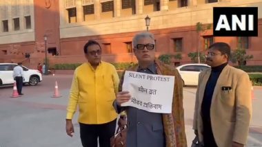 TMC Leader Derek O’Brien Sits on Silent Protest in Parliament Complex After Suspension From Rajya Sabha for Disrupting Proceedings (Watch Video)