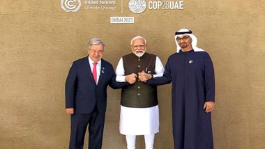 PM Narendra Modi Arrives at COP28 Leadership Pavilion; UAE President Sheikh Mohammed bin Zayed Al Nahyan, UN Chief Welcome Him (Watch Video)