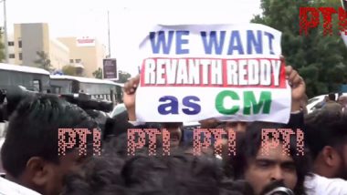 Suspense Over CM Face in Telangana: Congress Leader Revanth Reddy’s Supporters Stage Protest Outside Hyderabad Hotel (Watch Video)