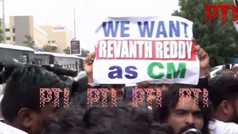 Suspense Over CM Face in Telangana: Congress Leader Revanth Reddy&rsquo;s Supporters Stage Protest Outside Hyderabad Hotel (Watch Video)