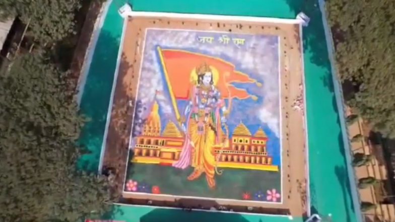 Ram Mandir Consecration: Huge 10,000 Square Feet Rangoli Portraying Lord Ram Made in Mumbai (Watch Video)