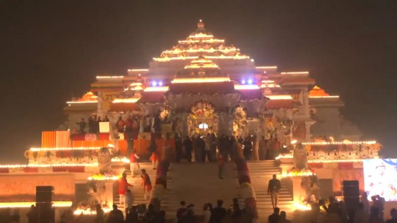 Ayodhya Ram Temple Illuminated With Dazzling Lights After Pran Pratishtha Ceremony (Watch Video)