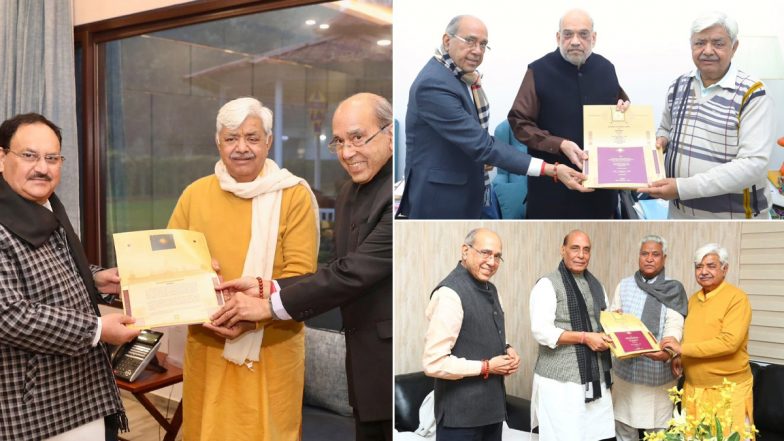 Ram Mandir Inauguration: Home Minister Amit Shah, Defense Minister Rajnath Singh and BJP Chief JP Nadda Receive Invitation for Pranpratishtha Ceremony of Ram Temple on January 22 (See Pics)