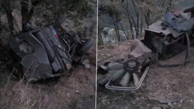 Jammu and Kashmir Road Accident: One Army Personnel Killed, One Injured After Vehicle Plunges Into Deep Gorge in Poonch (Watch Video)