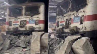 Chhattisgarh Express Train’s Engine Breaks Dead End at Bilaspur Junction Railway Station (Watch Video)