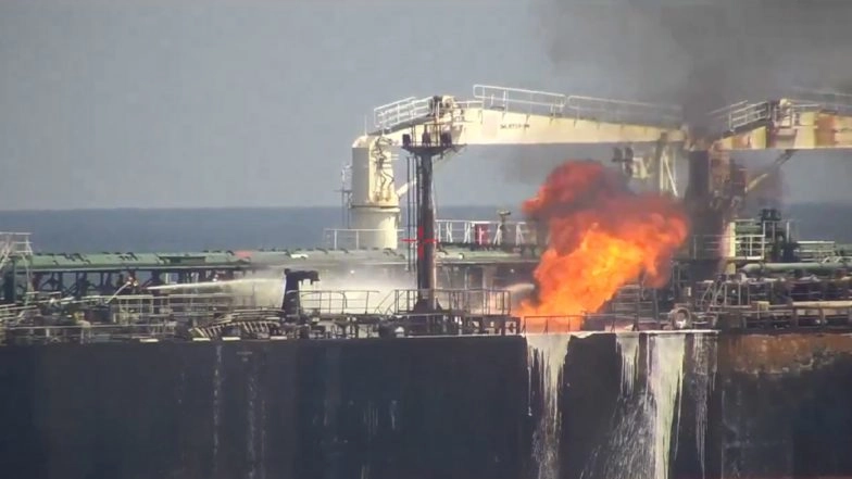 Indian Warship Contains Fire Onboard Missile-Hit Cargo Vessel With 22 Crew in Gulf of Aden (Watch Video)