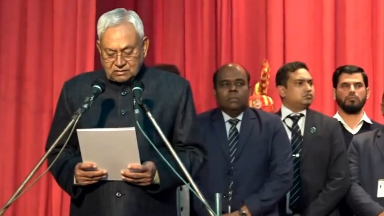 Nitish Kumar Swearing-In Ceremony: JDU Chief Takes Oath As Bihar CM for Record Ninth Time (Watch Video)