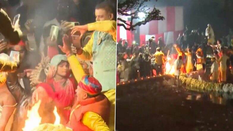 Ram Mandir Consecration Ceremony: World's Largest 300-Foot Lamp Lit in Ayodhya Ahead of Ram Temple Inauguration on January 22 (Watch Video)