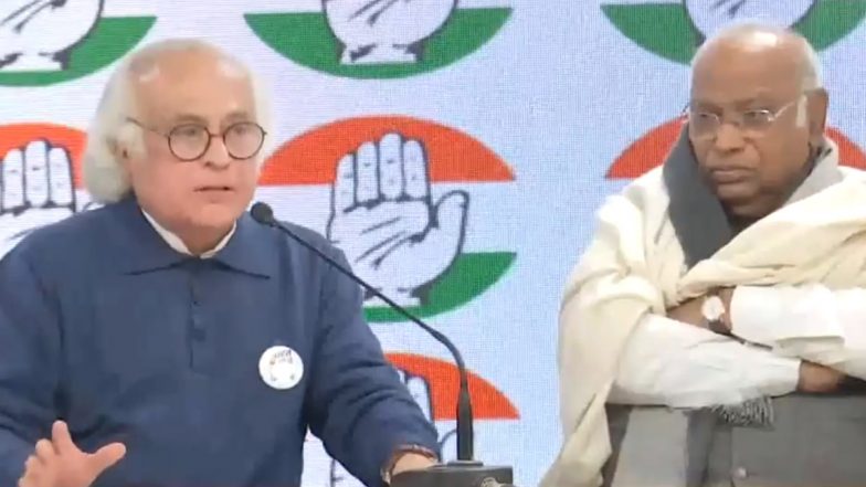 Bharat Jodo Nyay Yatra: Congress Chief Mallikarjun Kharge, Jairam Ramesh and K C Venugopal Unveil Logo and Slogan of Party’s Upcoming Campaign (Watch Video)