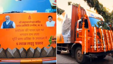 Ram Temple Consecration: Madhya Pradesh CM Mohan Yadav Flags Off Trucks Carrying 5 Lakh Laddus 'Prasad' for Ram Mandir Pran Pratishtha in Ayodhya (Watch Video)
