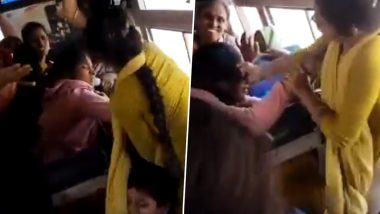 Telangana Free Bus Effect: Women Fight in RTC Bus Coming From Zaheerabad to Sangareddy (Watch Video)