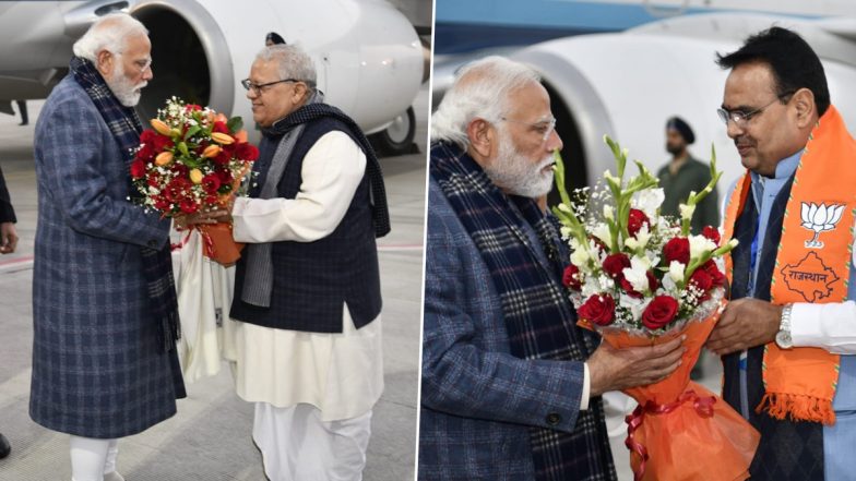 PM Modi in Rajasthan: Prime Minister Narendra Modi Receives Warm Welcome from Governor Kalraj Mishra and CM Bhajanlal Sharma in Jaipur (See Pics)